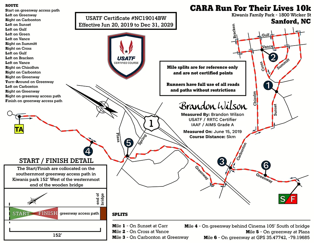 10K course map for CARA Run for Their Lives