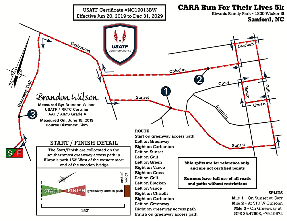5K course map for CARA Run for Their Lives