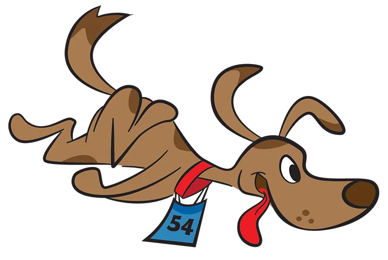 Cartoon dog running in the CARA Run for Their Lives 5K