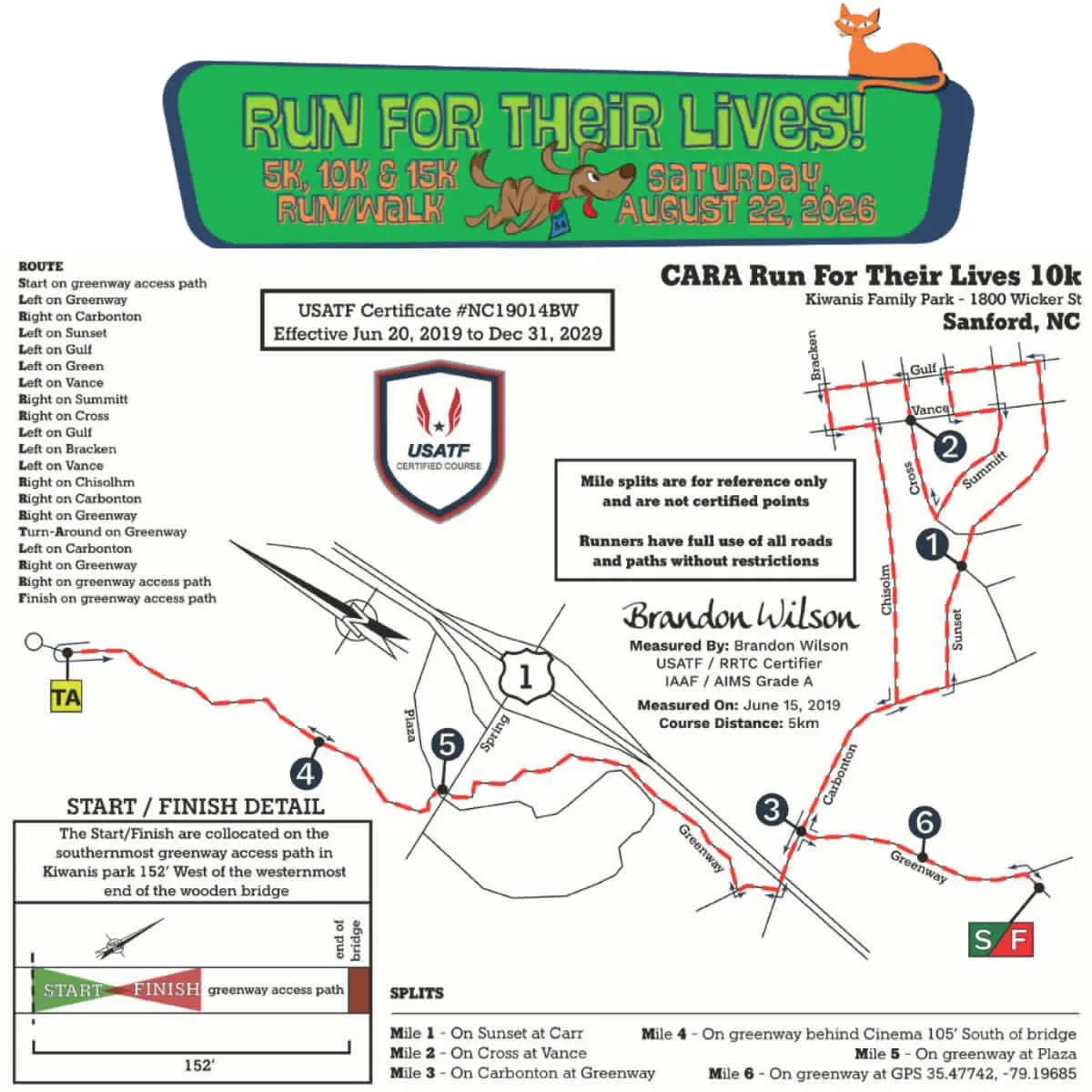 10K course map for CARA Run for Their Lives